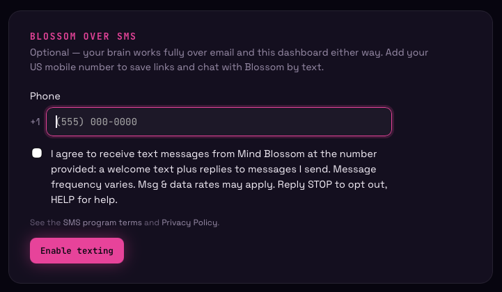 The Blossom over SMS section of the settings page, showing the phone number field and the consent checkbox in its unchecked default state, with an Enable texting button