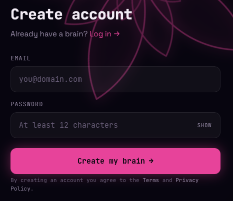 Mind Blossom sign-up form asking only for email and password — no phone number or SMS consent is requested at registration